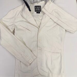 Kane & Unke White Denim Blazer Jacket with Hood Size Large Casual Stretch Coat